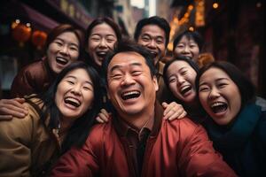 ai genererad grupp av kinesisk människor fira kinesisk ny år på en traditionell festival foto
