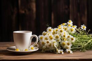 ai genererad kopp av te och kamomill blommor på trä- bakgrund foto