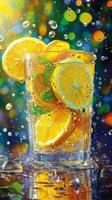 ai genererad en glas av orange juice med vatten och bubblor foto