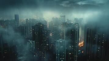 ai genererad en stad är sett i de mörk med regn faller foto