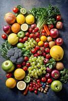 ai genererad en färgrik sortiment av färsk frukt och grönsaker på en trä- tabell foto