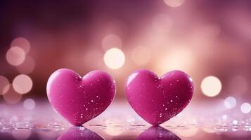 ai genererad tvilling rosa hjärtan på reflekterande yta med bokeh foto