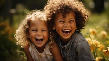 ai genererad barn skrattande i solljus, lockigt hår, ren glädje, natur bakgrund. foto