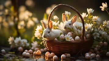 ai genererad påsk kaniner i korg mitt i vår blommar, charmig och fredlig. foto