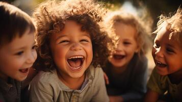 ai genererad glad barn skrattande och spelar tillsammans utomhus foto