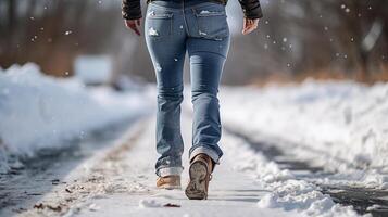 ai genererad kvinna gående ner snö täckt väg i vintertid med henne fötter i snö. foto
