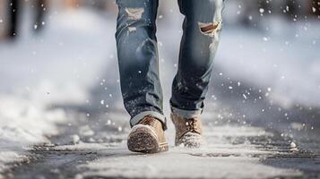 ai genererad person gående i snö med par av jeans på och par av brun stövlar, botten se. foto