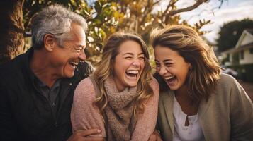 ai genererad Lycklig familj delning en skratt tillsammans utomhus foto