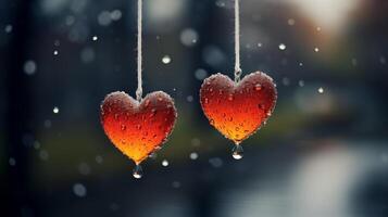 ai genererad frysta hjärtan hängande på en snöig vinter- dag foto