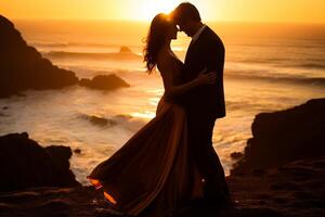 ai genererad romantisk par fattande på solnedgång på klippig havsstrand foto