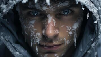 ai genererad en man med blå ögon är täckt i snö och is med en huva på hans huvud och hans ansikte täckt i snö. foto