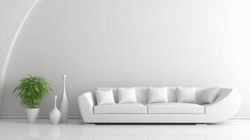 ai genererad minimalistisk modern levande rum med vit soffa och inomhus- växter foto