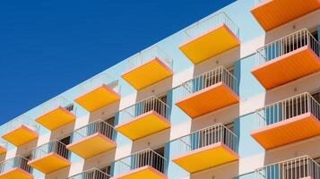 ai genererad samtida lägenhet balkonger med djärv färger, lämplig för verklig egendom annonser foto