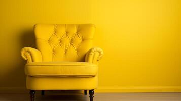 ai genererad elegant gul fåtölj mot enkel vägg, bra för interiör design och dekor foto