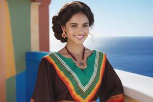 ai genererad skön ung leende spanska brunett kvinna nationell kläder, hav och blå himmel på de bakgrund. generativ ai foto