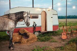 grå häst, mobil trailer, lysande krans foto