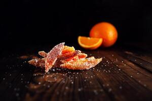 orange skalar i socker. kanderad frukt från orange foto