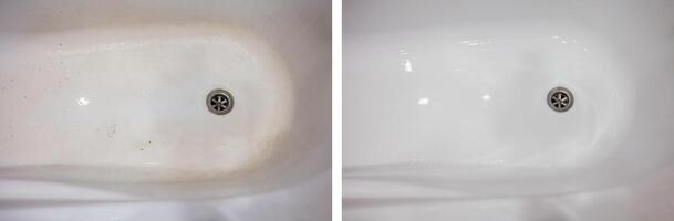 collage. rena och smutsig badrum. vit keramisk bad foto