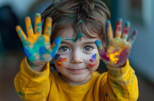 ai genererad en preschooler med hans händer målad med många färger han skulle kunna välja från foto