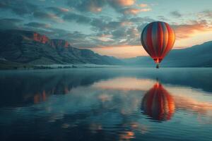 ai genererad en varm luft ballong flugor över en kropp av vatten på molnig himmel foto