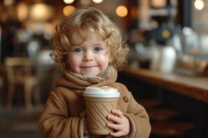 ai genererad unge innehav en kaffe dryck en bebis i en Kafé foto