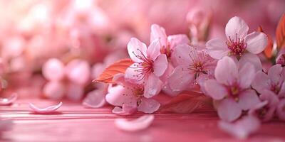 ai genererad rosa körsbär blommar med löv på en Söt rosa trä tabell foto
