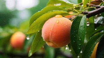ai genererad en mogen persika hängande på en gren med regnvatten foto
