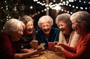 ai genererad ett äldre grupp av kvinnor skrattande och spelar kort foto
