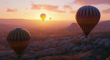 ai genererad varm luft ballonger flygande ovan hög kullar, platå, soluppgång ballong foto