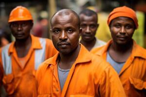 ai genererad män i orange arbete shirts ser för arbete foto