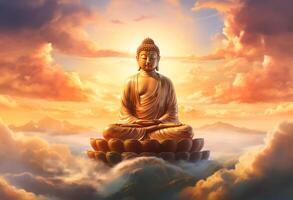 ai genererad en gyllene buddha staty är vilar på en moln foto