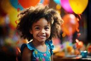 ai genererad en liten flicka är leende på en födelsedag fest foto