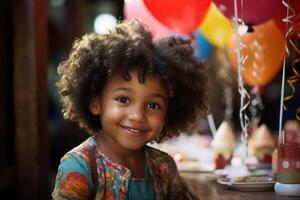 ai genererad ett Afroamerikan flicka är leende på en tabell med födelsedag ballonger foto