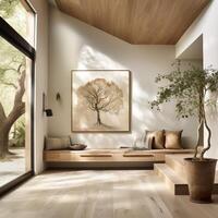 ai genererad en modern entré med trä- golv, brun trä- bänk och en stor spegel foto