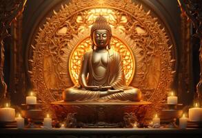 ai genererad buddha Sammanträde i en gyllene ram foto