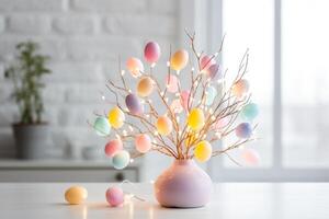 ai genererad minimalistisk påsk ägg träd upplyst förbi mjuk pastell sträng lampor foto