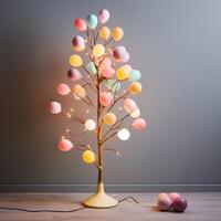 ai genererad minimalistisk påsk ägg träd upplyst förbi mjuk pastell sträng lampor foto