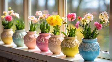 ai genererad springtime fönsterkarm dekor terar målad ägg och inlagd blooms foto
