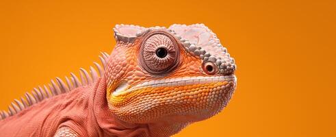 ai genererad en kameleont ser framåt- på ett orange bakgrund foto