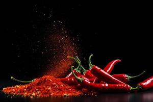 ai genererad levitation av röd chili peppar hela och skivor generativ ai foto