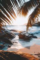 ai genererad solig exotisk strand förbi de hav med handflatan träd på solnedgång sommar semester generera ai foto
