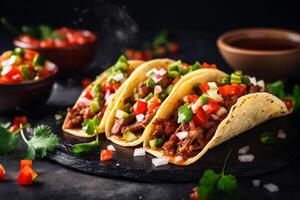 ai genererad mexikansk tacos med nötkött i tomat sås och salsa generativ ai foto