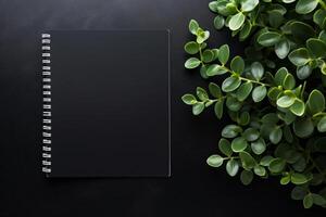 ai genererad minimalistisk svart bakgrund med bärbar dator anteckningsblock generativ ai foto