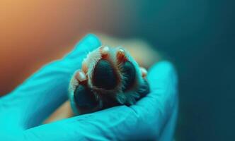 ai genererad generativ ai, veterinär hand är innehav hundar klo. hundar Tass i människor hand. inhemsk sällskapsdjur foto