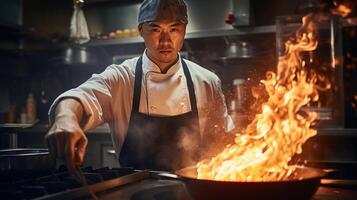 ai genererad generativ ai, kock är matlagning med ångande varm panorera, upptagen restaurang kök foto