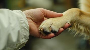 ai genererad generativ ai, veterinär hand är innehav hundar klo. hundar Tass i människor hand. inhemsk sällskapsdjur foto