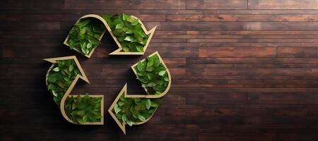 ai genererad generativ ai, en återvinning grön tecken tillverkad av trä och löv, noll avfall, återanvändning begrepp. foto