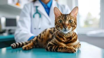 ai genererad generativ ai, söt katt varelse undersökt förbi professionell veterinär i veterinär klinik foto
