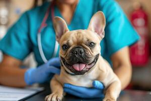 ai genererad generativ ai, söt små hund varelse undersökt förbi professionell veterinär i veterinär klinik foto