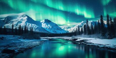 ai genererad generativ ai, grön och rosa nordlig lampor ovan snöig berg, vinter- landskap, aurora och reflexion på de vatten yta foto